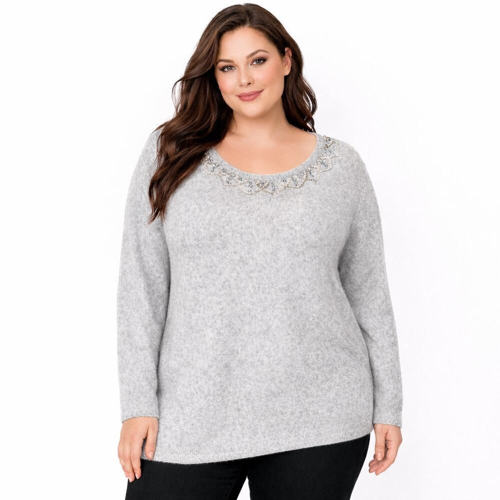 Soft Surroundings‎ NWT gray Aleza  beaded jeweled neckline wool blend 3X
